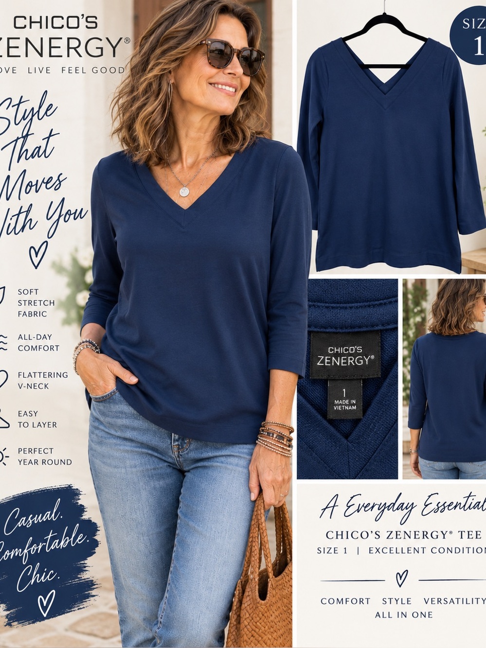 Women's V-Neck Long Sleeve Top in Deep Blue Size 1 - Picture 1 of 10